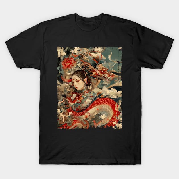 Asian Dragon with Girl Vintage T-Shirt by Vlaa